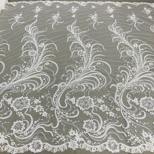 Beaded & Corded Bridal Lace Fabric Embroidered on 100% Polyester Net Mesh | Lace USA