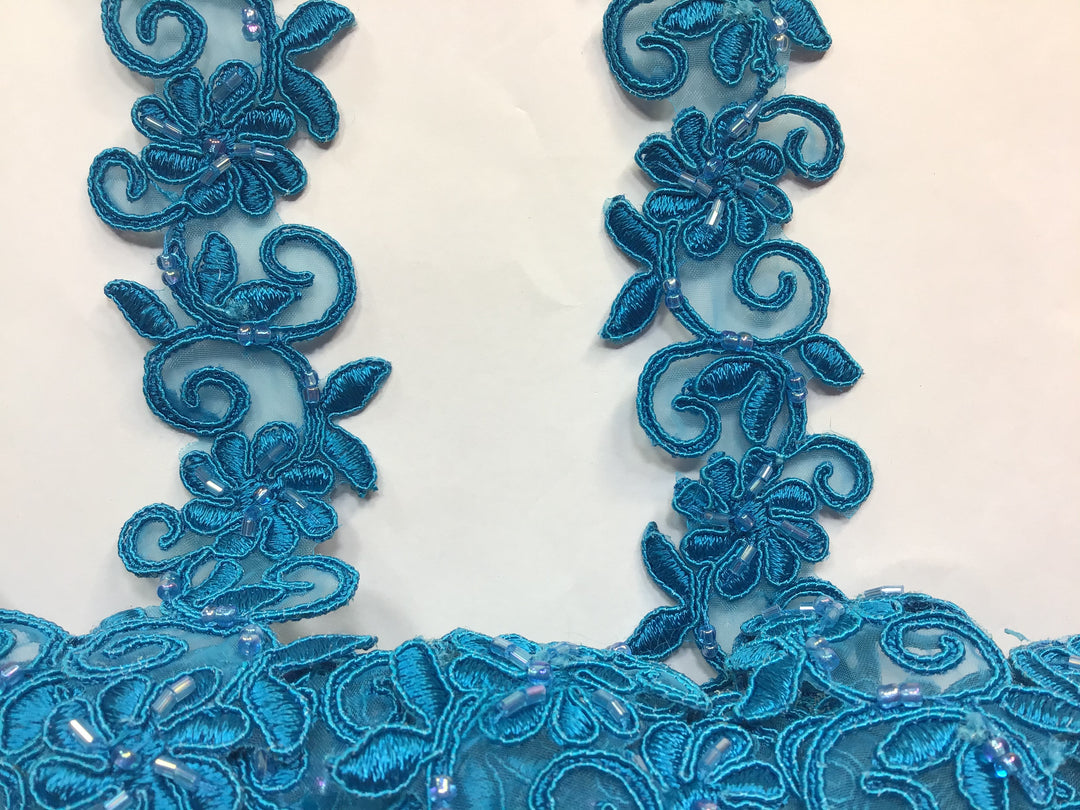 Beaded, Corded & Embroidered Turquoise Trimming. Lace Usa