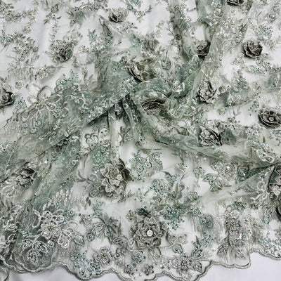 Beaded & Rhinestone 3D Floral Lace Fabric Embroidered on 100% Polyester Net Mesh | Lace USA