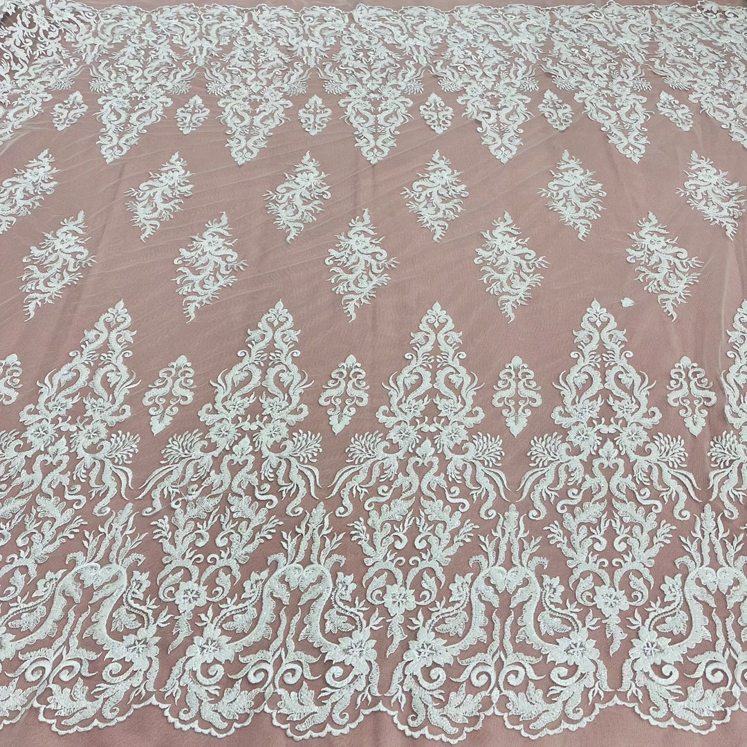 Beaded & Sequined Lace Fabric Embroidered on 100% Polyester Net Mesh | Lace USA - GD-13314 White