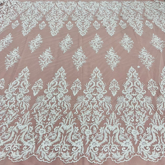 Beaded & Sequined Lace Fabric Embroidered on 100% Polyester Net Mesh | Lace USA - GD-13314 White