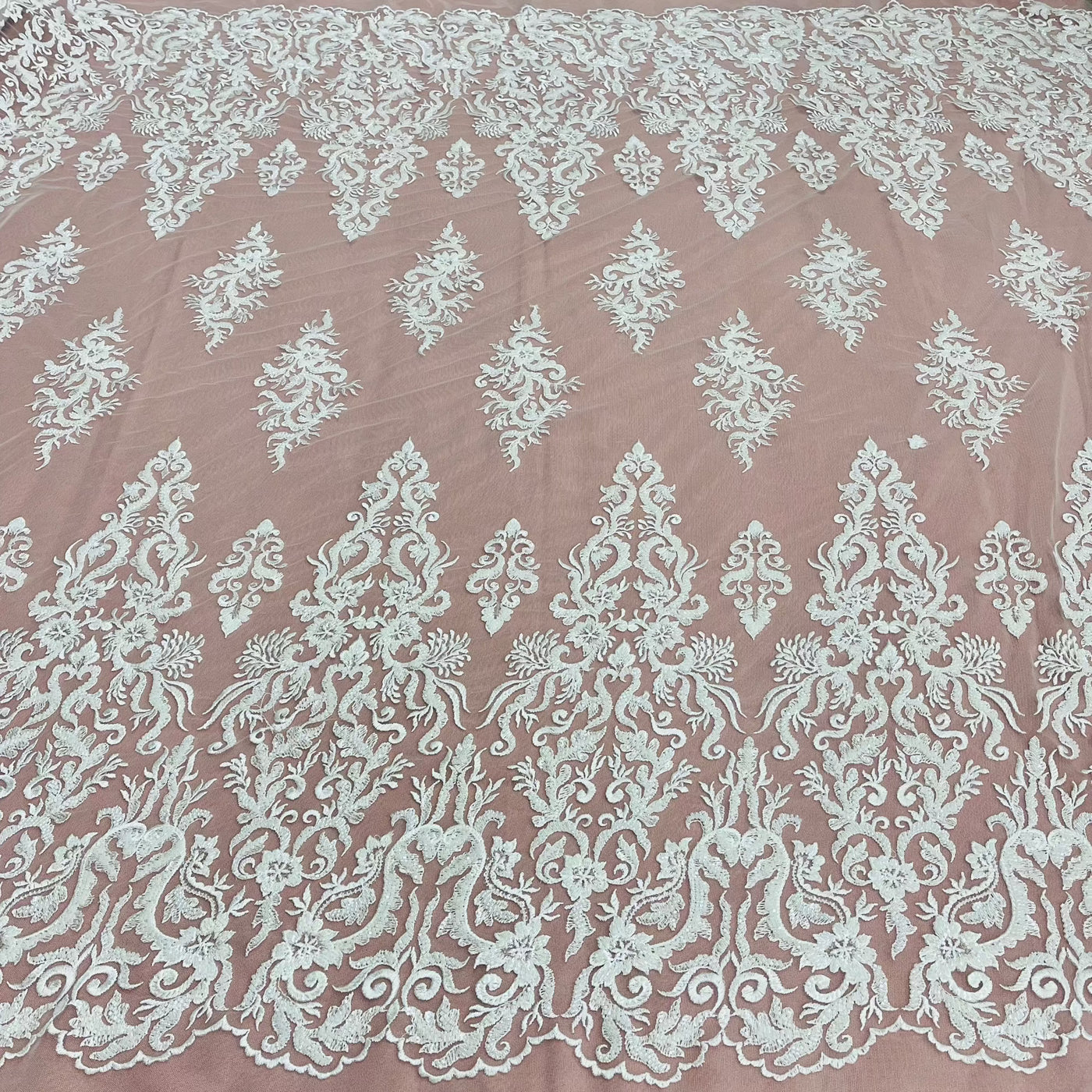 Beaded & Sequined Lace Fabric Embroidered on 100% Polyester Net Mesh | Lace USA - GD-13314 White