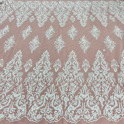 Beaded & Sequined Lace Fabric Embroidered on 100% Polyester Net Mesh | Lace USA - GD-13314 White