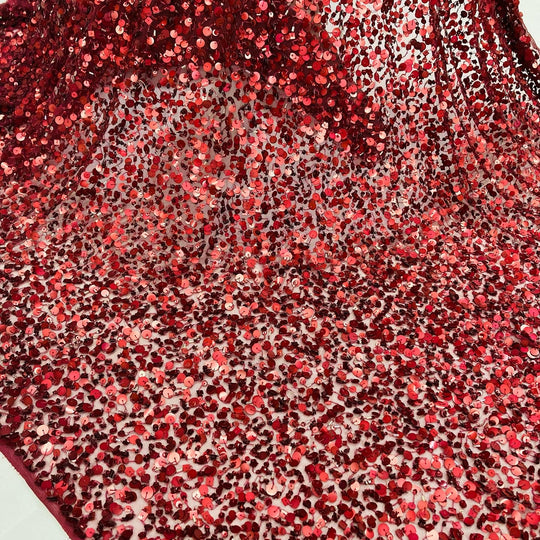 Beaded Burgundy Net fabric With Assorted Sequins & Beads 48" wide. Lace USA