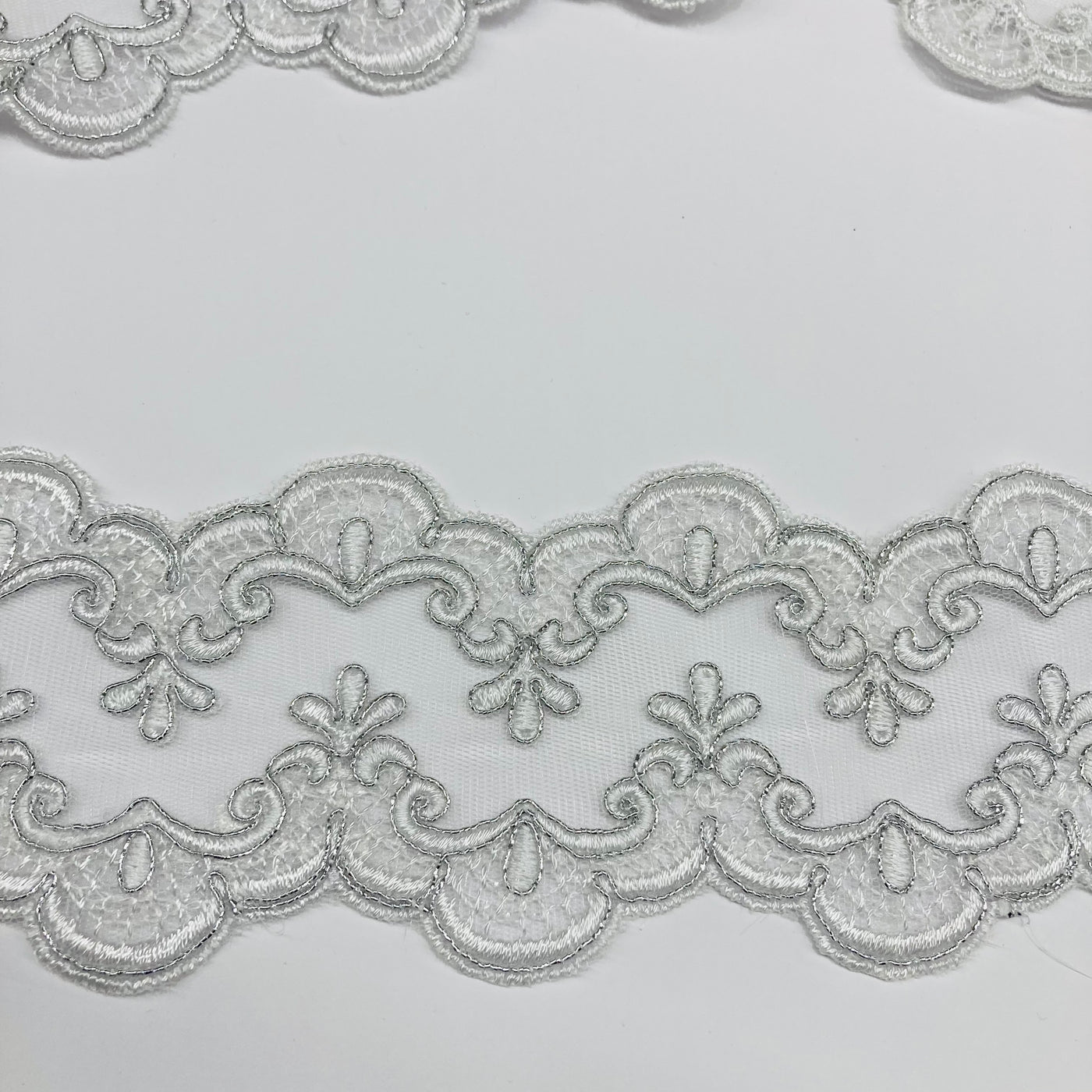 Corded & Embroidered Double Sided White with Silver Trimming on Mesh Net Lace. Lace USA