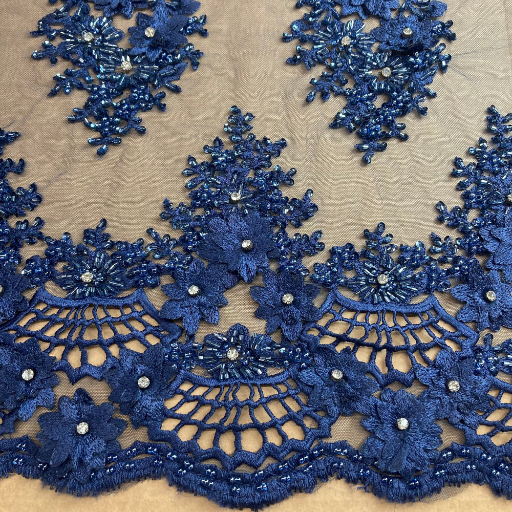 3D Floral Embroidered Net Fabric with Beads & Rhinestones, Sold by the yard. Lace Usa