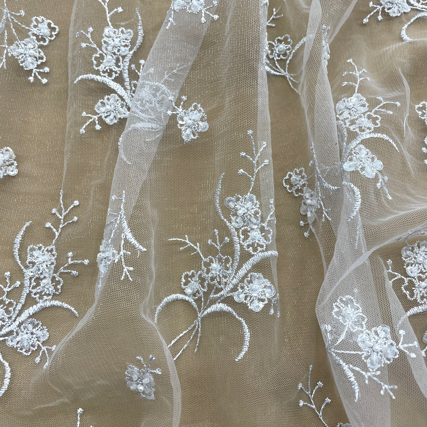 Beaded Lace Fabric Embroidered on 100% Polyester Net Mesh | Lace USA