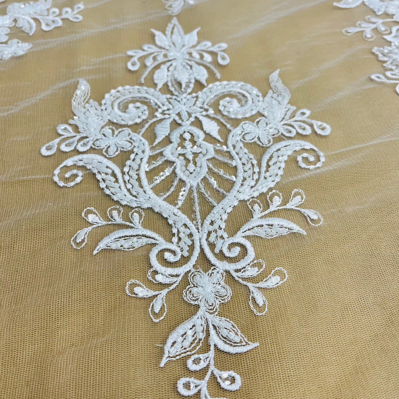 Beaded Lace Fabric Embroidered on 100% Polyester Net Mesh | Lace USA - GD-12186 White