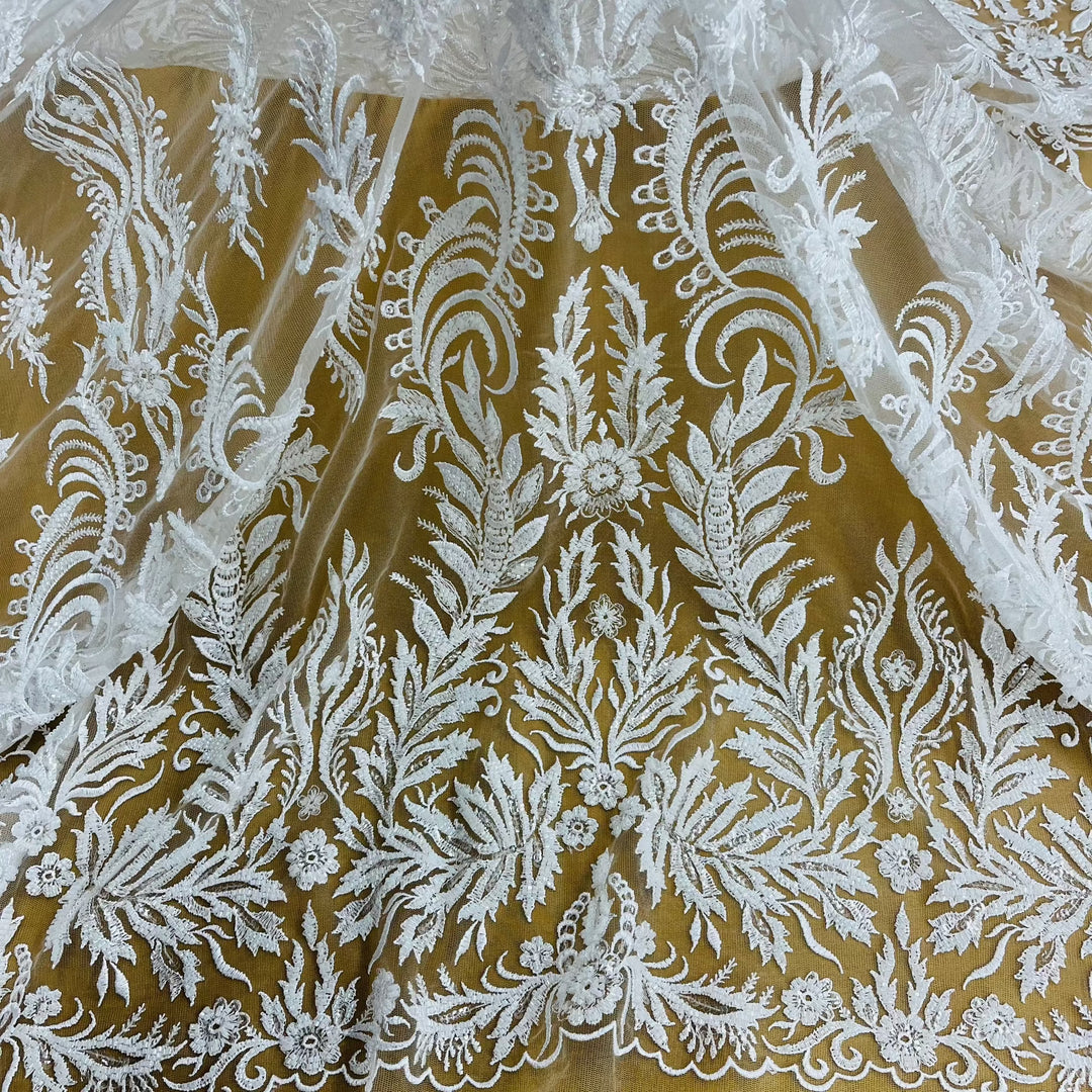 Beaded & Sequined Lace Fabric Embroidered on 100% Polyester Net Mesh | Lace USA - GD-13322 White