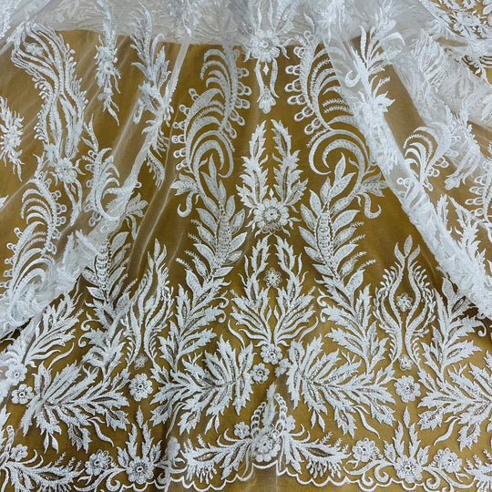 Beaded & Sequined Lace Fabric Embroidered on 100% Polyester Net Mesh | Lace USA - GD-13322 White