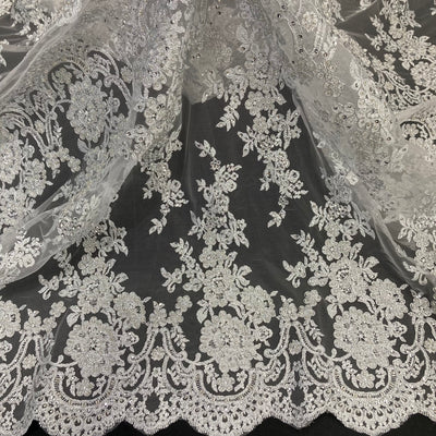 Beaded & Corded Bridal Lace Fabric Embroidered on 100% Polyester Net Mesh | Lace USA