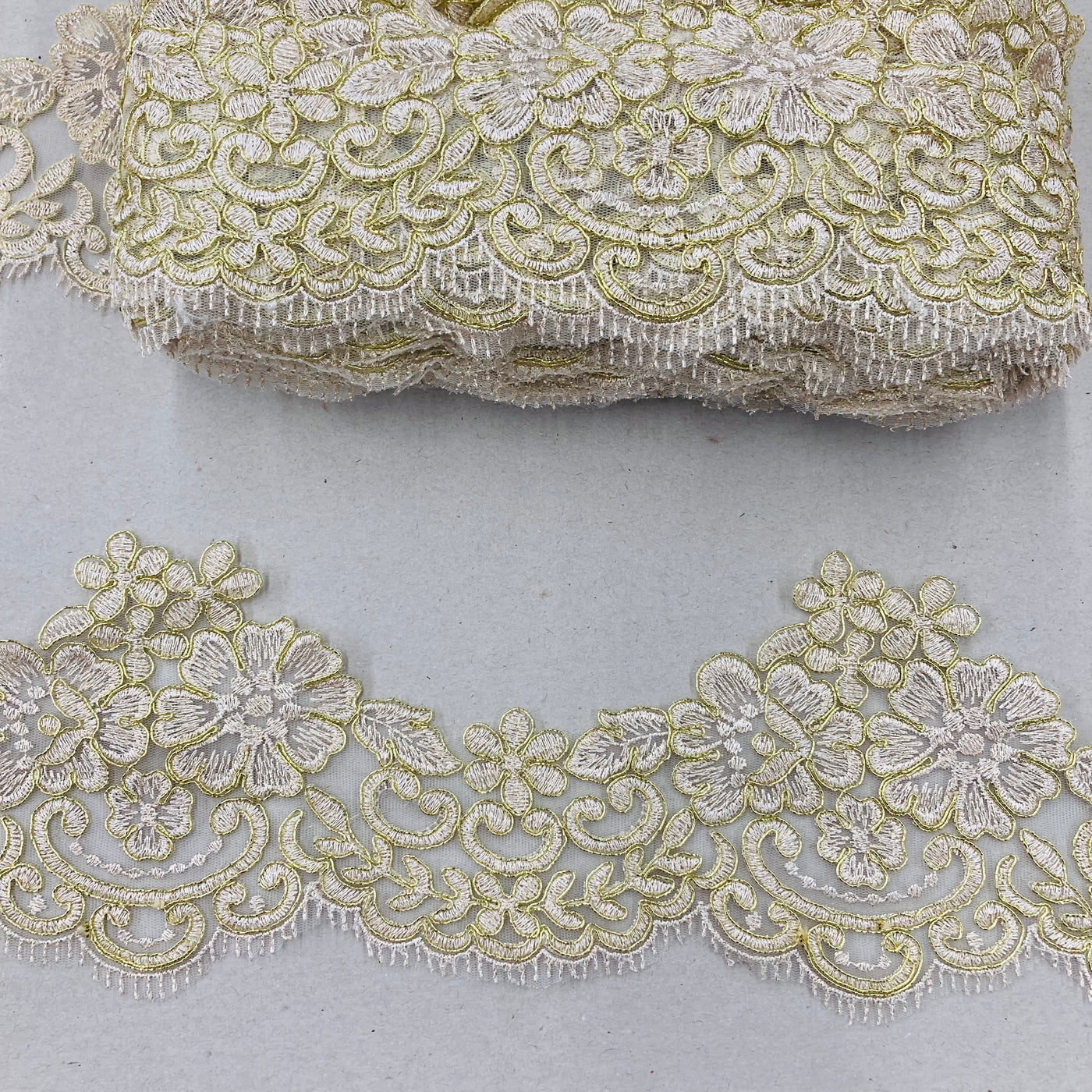 Corded Lace Trimming Embroidered on Poly. Net Mesh. Lace USA