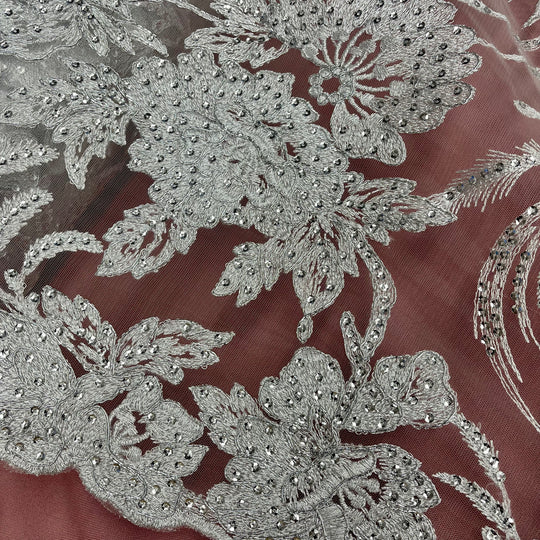 Beaded & Corded Bridal Lace Fabric Embroidered on 100% Polyester Net Mesh | Lace USA