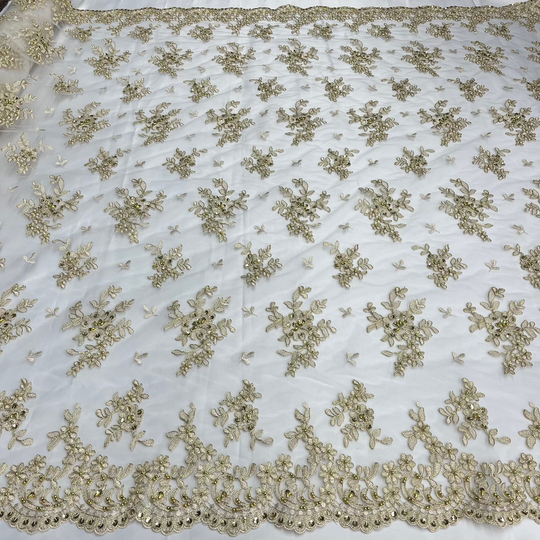 Beaded & Corded Bridal Lace Fabric Embroidered on 100% Polyester Net Mesh | Lace USA - 91436W-BP