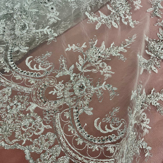 Beaded & Corded Bridal Fabric Lace Embroidered on 100% Polyester Net Mesh | Lace USA