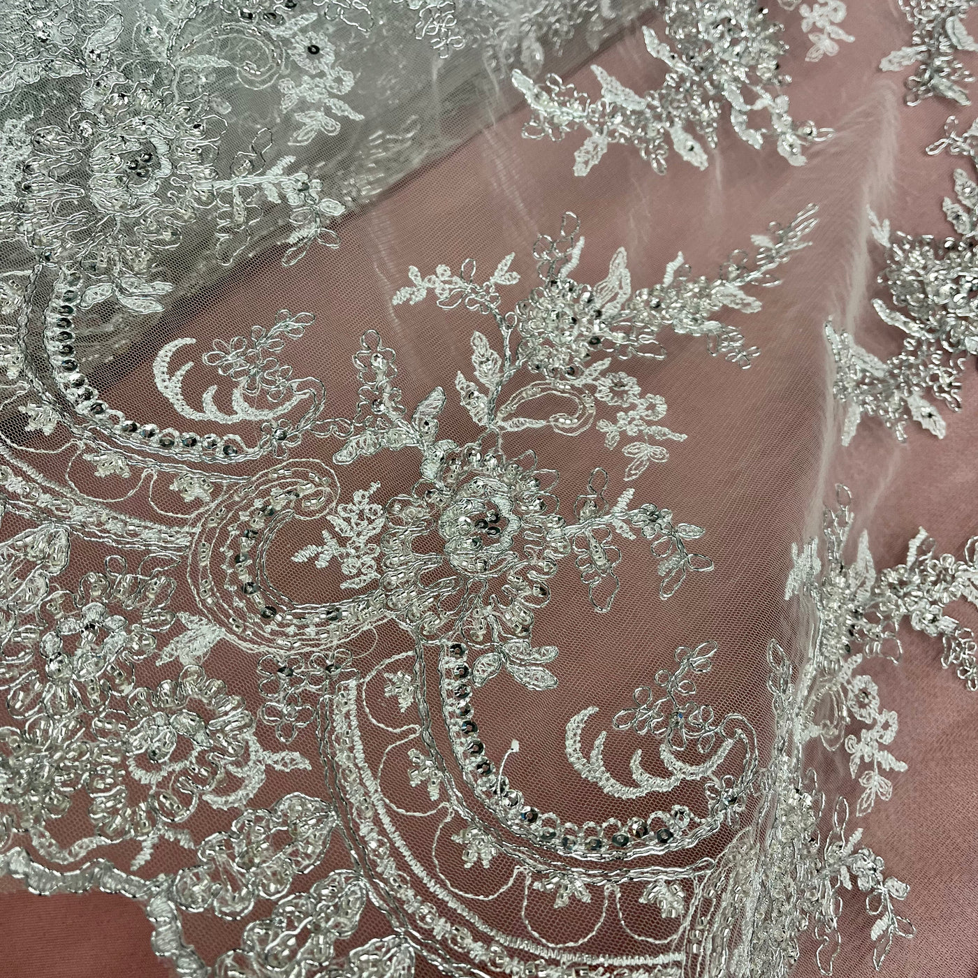 Beaded & Corded Bridal Fabric Lace Embroidered on 100% Polyester Net Mesh | Lace USA