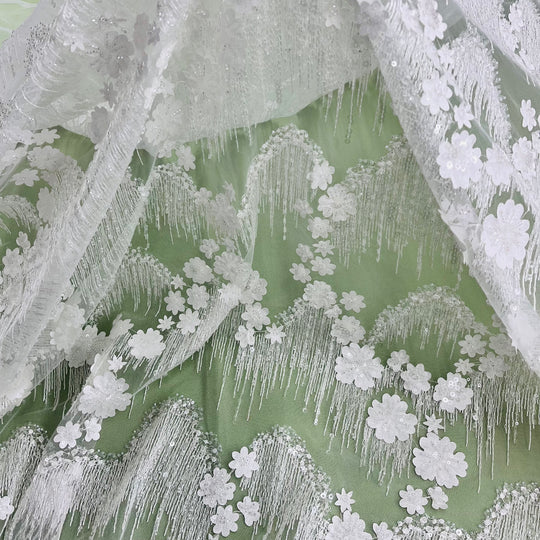 Beaded 3D Floral Lace Fabric Embroidered on 100% Polyester Net Mesh | Lace USA