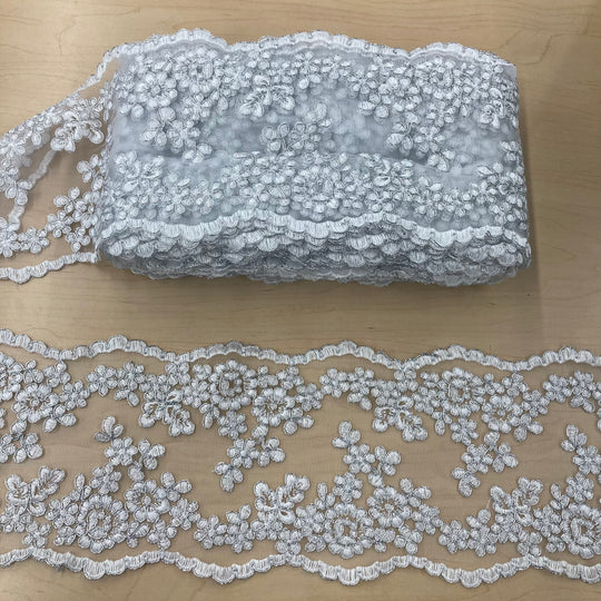 Corded & Embroidered Double Sided White with Silver Trimming on Mesh Net Lace. Lace Usa