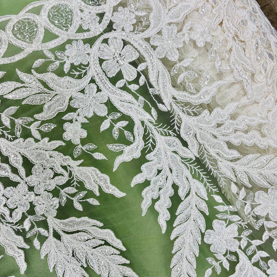 Beaded & Corded Bridal Fabric Lace Embroidered on 100% Polyester Net Mesh | Lace USA