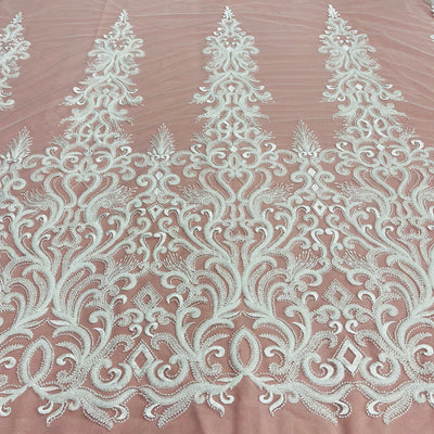 Beaded Lace Fabric Embroidered With Fuzzy Thread on 100% Polyester Net Mesh | Lace USA