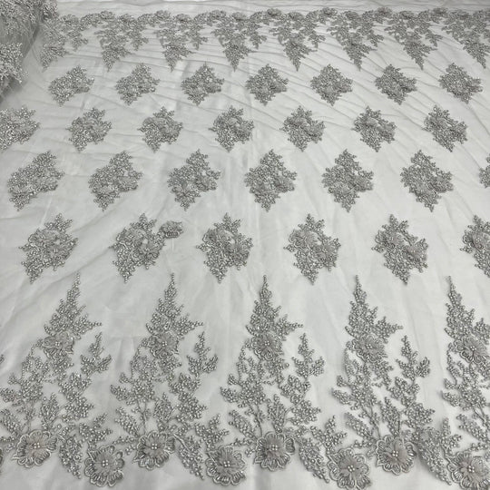 Beaded 3D Floral Lace Fabric Embroidered on 100% Polyester Net Mesh | Lace USA