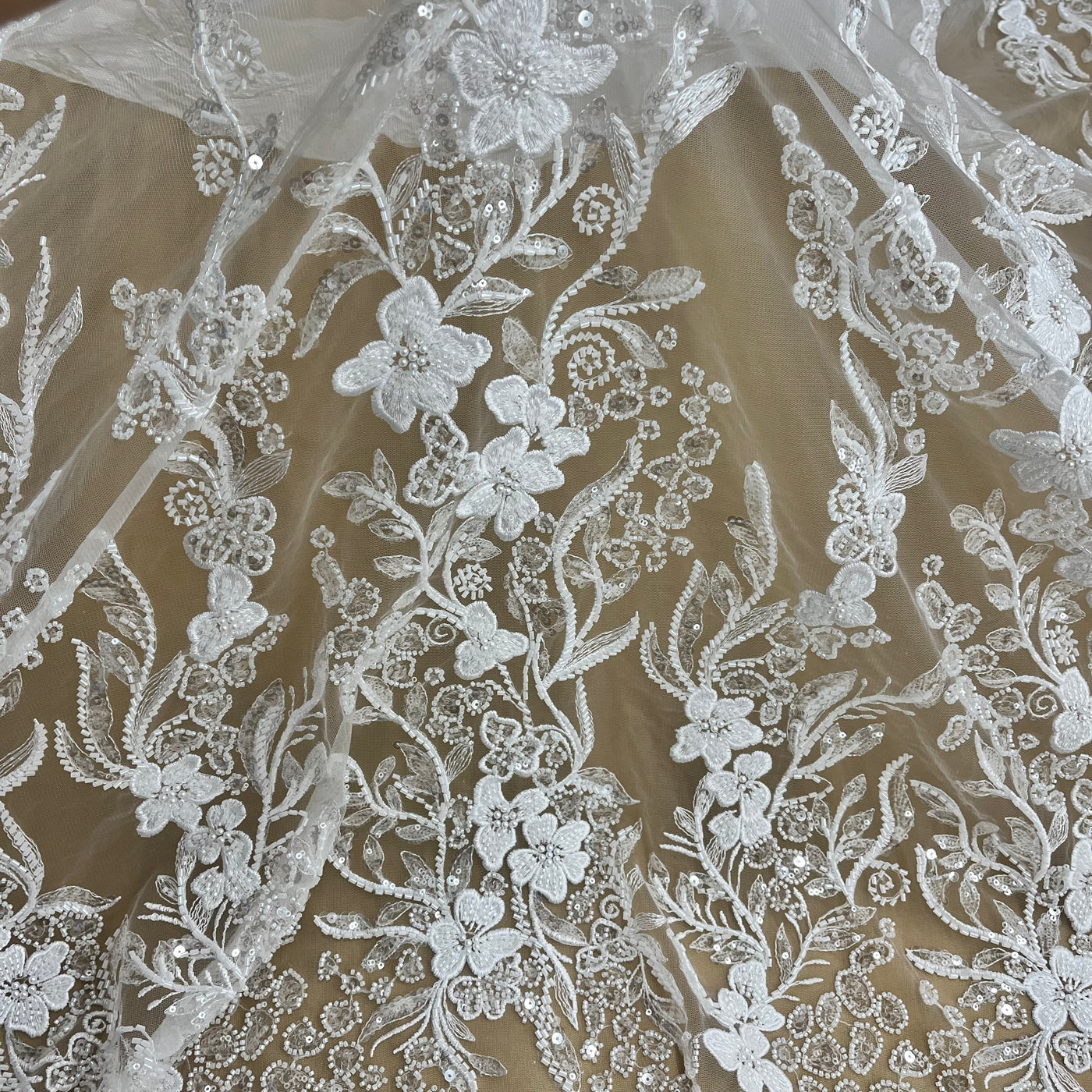 Beaded Lace Fabric Embroidered on 100% Polyester Net Mesh | Lace USA