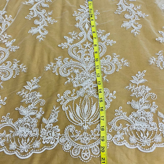 Beaded Lace Fabric Embroidered on 100% Polyester Net Mesh | Lace USA - GD-12186 White