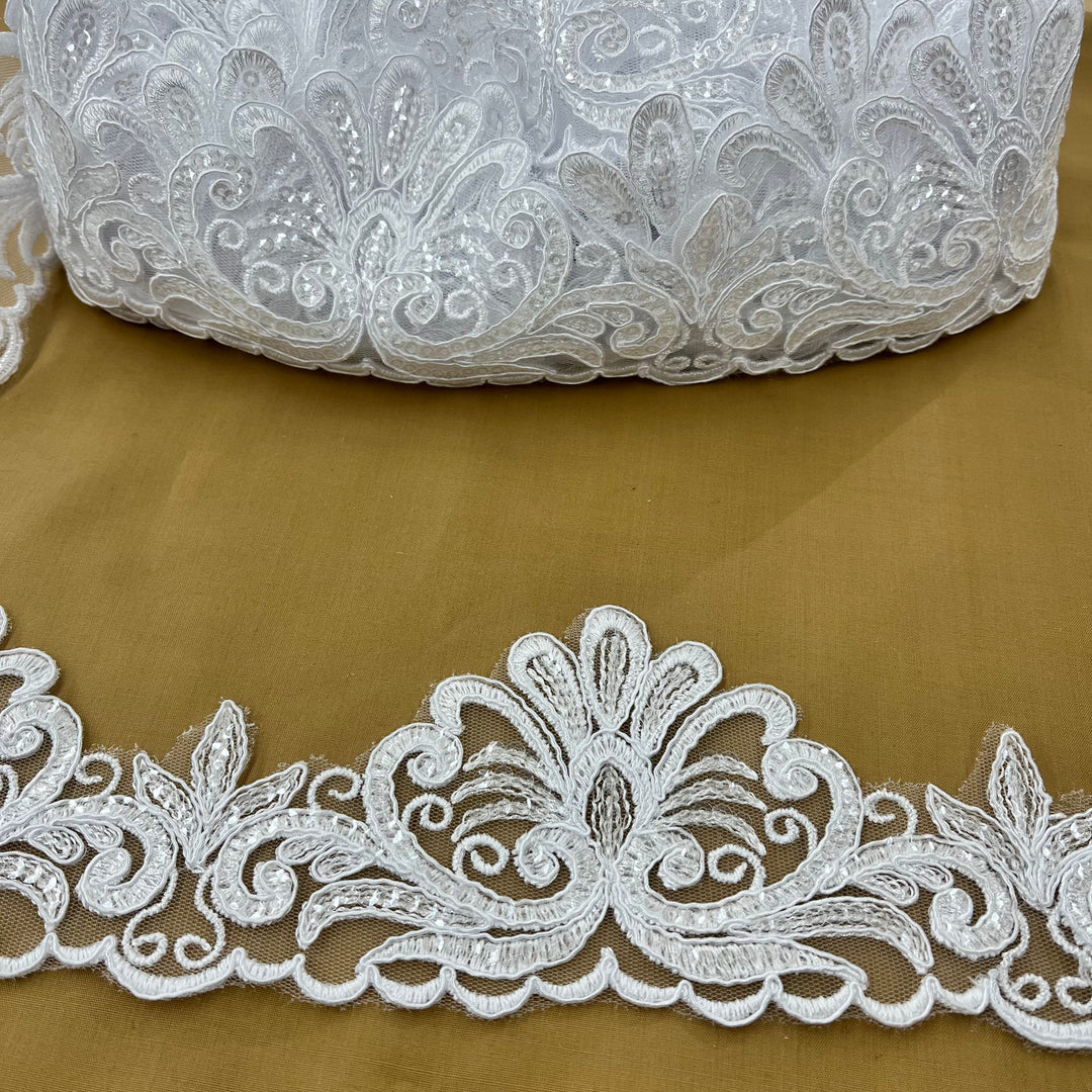 Beaded & Corded Floral Lace Trimming Embroidered on 100% Polyester Net Mesh | Lace USA