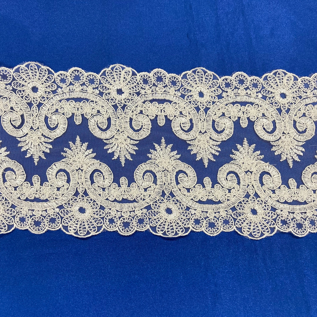 Corded & Embroidered Ivory Double Sided Trimming on Mesh Net Lace. Lace Usa