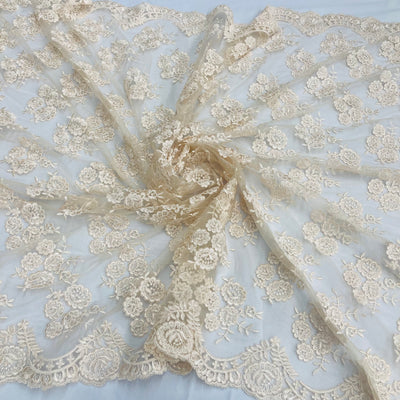 Corded Bridal Lace Fabric Embroidered on 100% Polyester Net Mesh. Lace USA