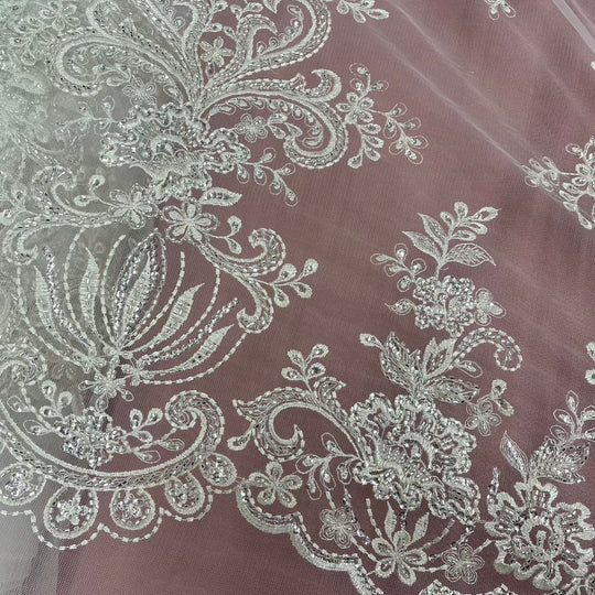 Beaded Lace Fabric Embroidered on 100% Polyester Net Mesh | Lace USA - GD-12186 Ivory with Silver