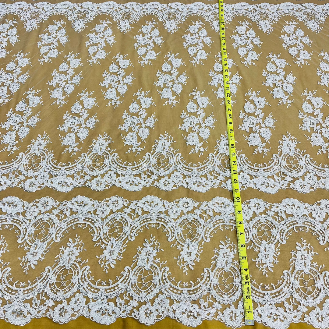 Beaded & Corded Bridal Lace Fabric Embroidered on 100% Polyester Net Mesh | Lace USA