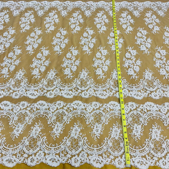 Beaded & Corded Bridal Lace Fabric Embroidered on 100% Polyester Net Mesh | Lace USA