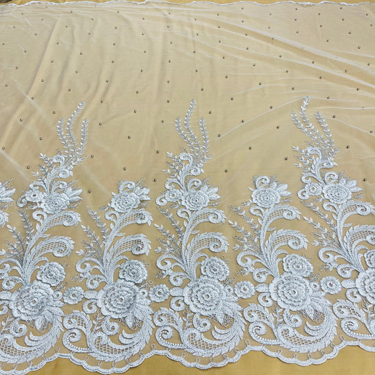 Beaded & Corded Bridal Lace Fabric Embroidered on 100% Polyester Net Mesh | Lace USA