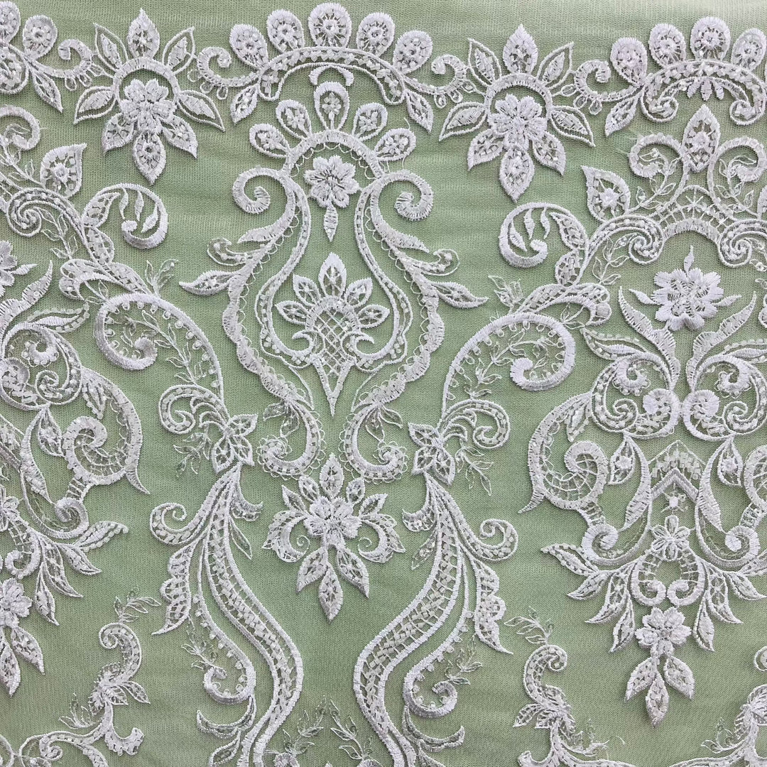 Beaded & Sequined Lace Fabric Embroidered on 100% Polyester Net Mesh | Lace USA - GD-12156 Ivory