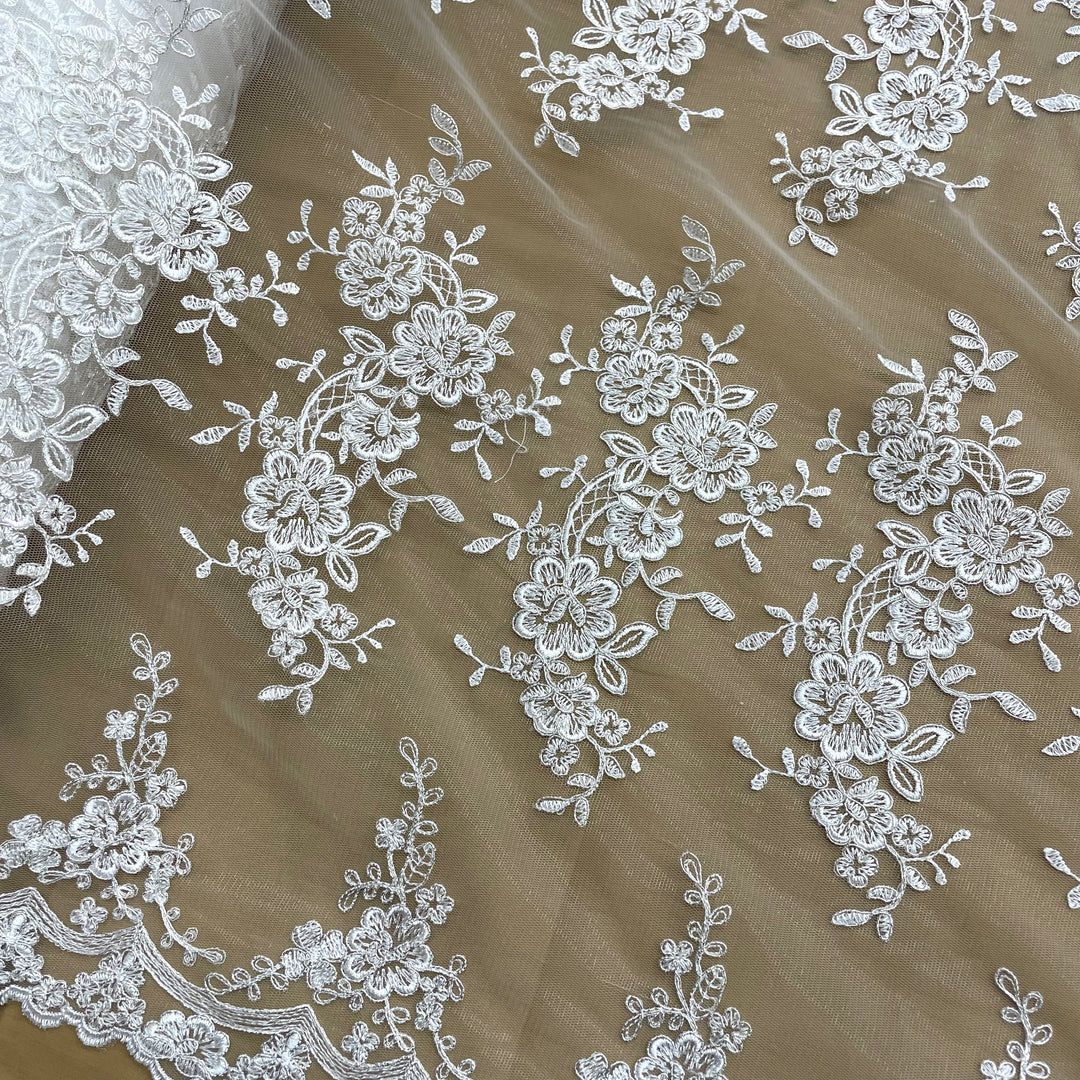 Corded Bridal Lace Fabric Embroidered on 100% Polyester Net Mesh | Lace USA