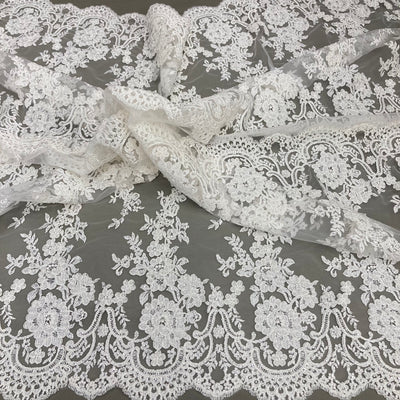 Beaded & Corded Bridal Lace Fabric Embroidered on 100% Polyester Net Mesh | Lace USA