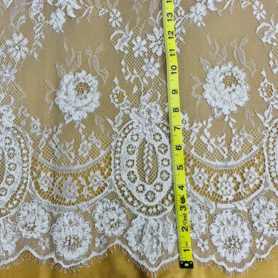 3 Yards Precut Beaded & Corded Chantilly Floral Lace Fabric Embroidered on 100% Polyester Net Mesh | Lace USA - 97143W-BP White