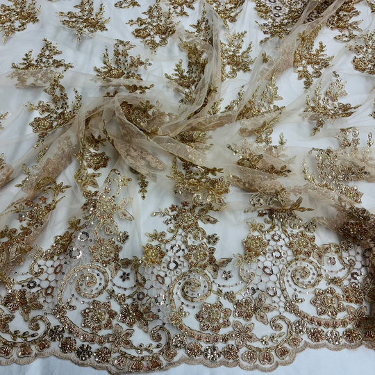 Beaded & Corded Bridal Lace Fabric Embroidered on 100% Polyester Net Mesh | Lace USA