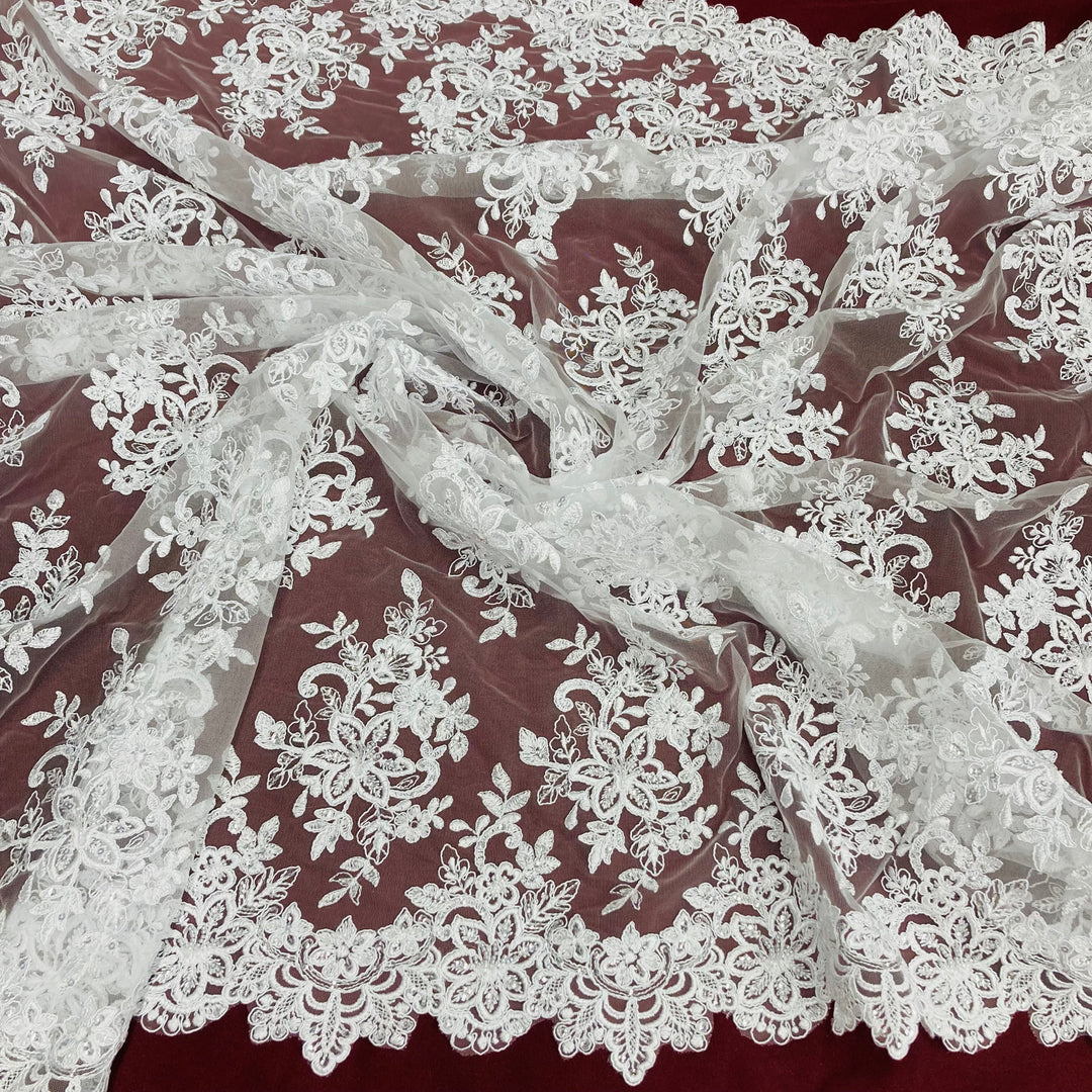 Corded & Beaded Bridal Lace Fabric Embroidered on Net Mesh. Lace USA