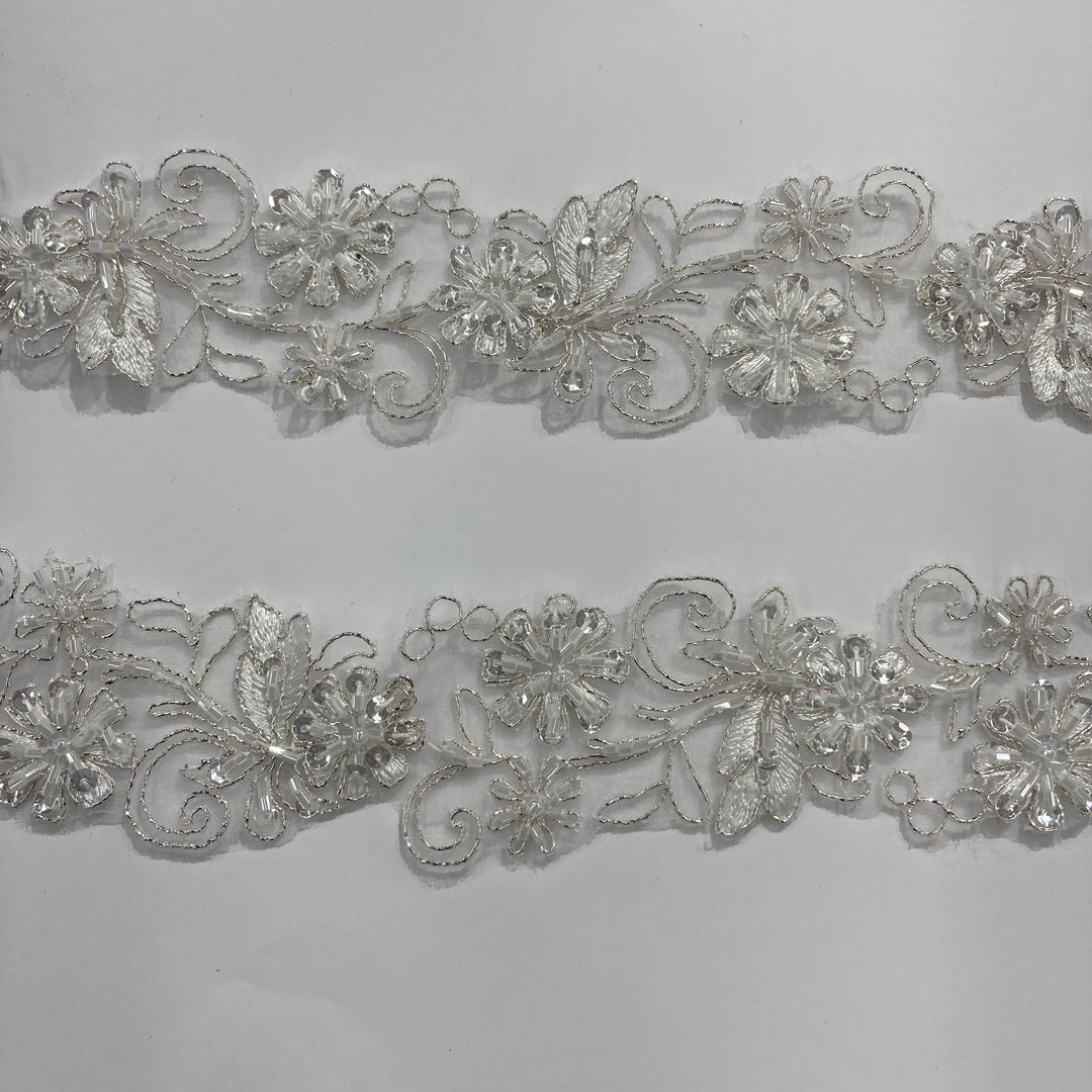 Beaded, Corded & Embroidered White with Silver Trimming. Lace Usa