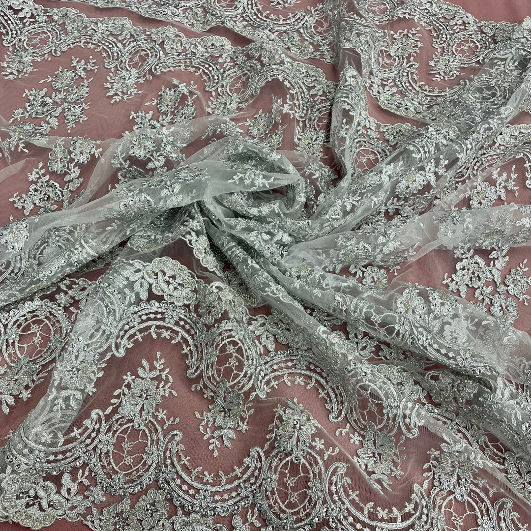 Beaded & Corded Bridal Lace Fabric Embroidered on 100% Polyester Net Mesh | Lace USA