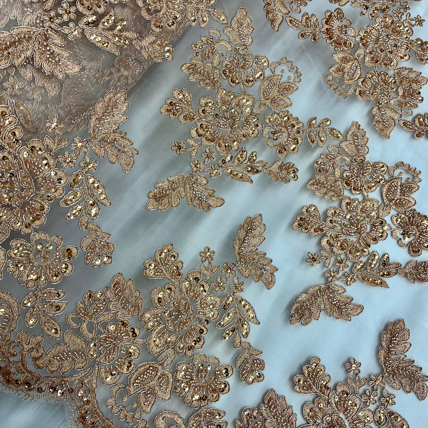 Embroidered & Corded Gold Net Mesh Fabric with Sequin & Beads. Sold by the yard Lace Usa