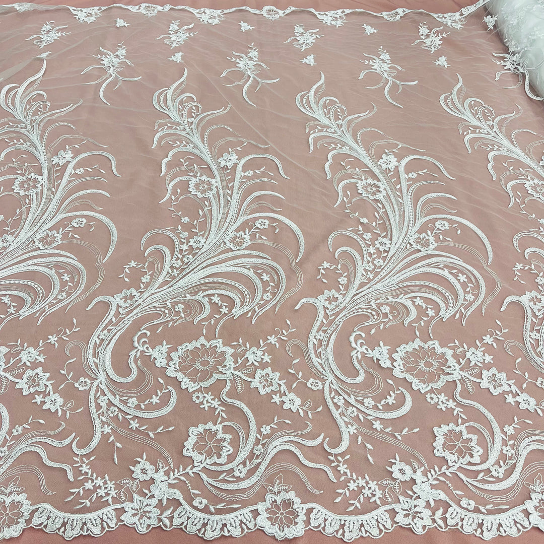 Corded Bridal Lace Fabric Embroidered on 100% Polyester Net Mesh | Lace USA