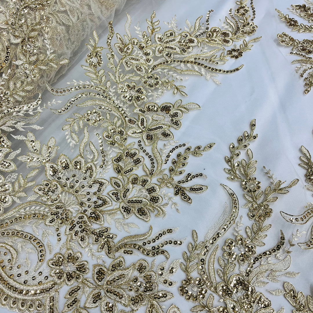 Beaded & Corded Bridal Lace Fabric Embroidered on 100% Polyester Net Mesh | Lace USA