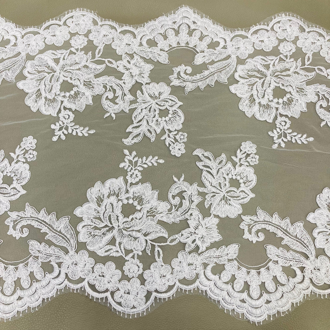 Double Sided Floral Lace Trimming Corded Embroidered on 100% Poly. Net Mesh | Lace USA