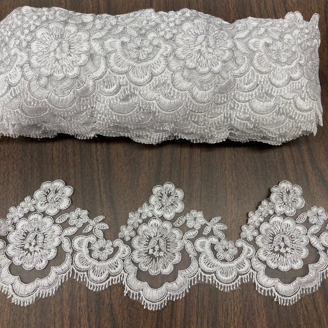 Corded Lace Trimming Embroidered on Poly. Net Mesh. Lace USA