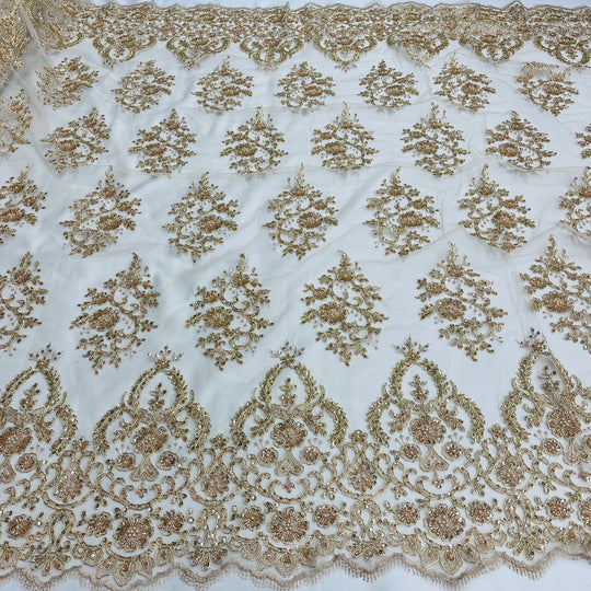 Beaded & Corded Bridal Lace Fabric Embroidered on 100% Polyester Net Mesh | Lace USA