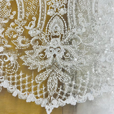 Beaded Lace Fabric Embroidered on 100% Polyester Net Mesh | Lace USA - GD-227239 White