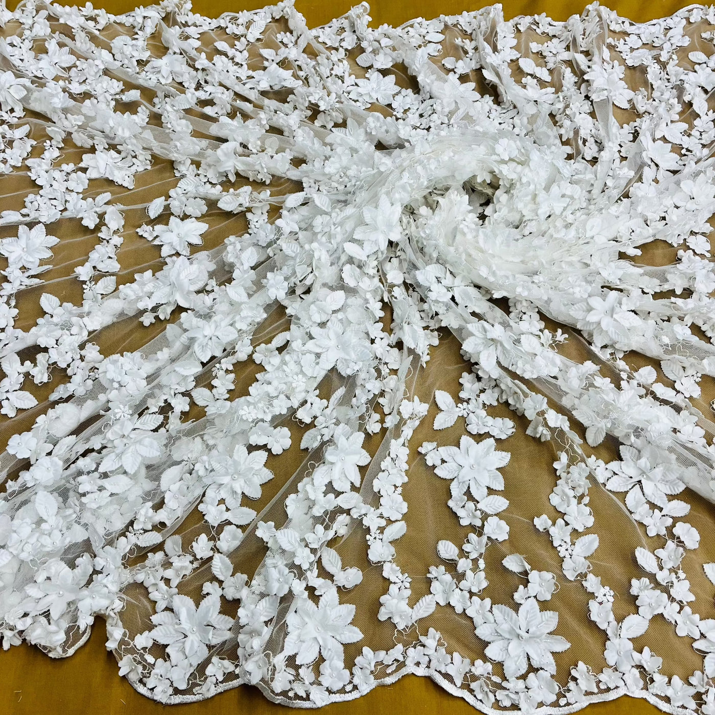 Beaded 3D Floral Lace Fabric Embroidered on 100% Polyester Net Mesh | Lace USA - GD-127 Off White